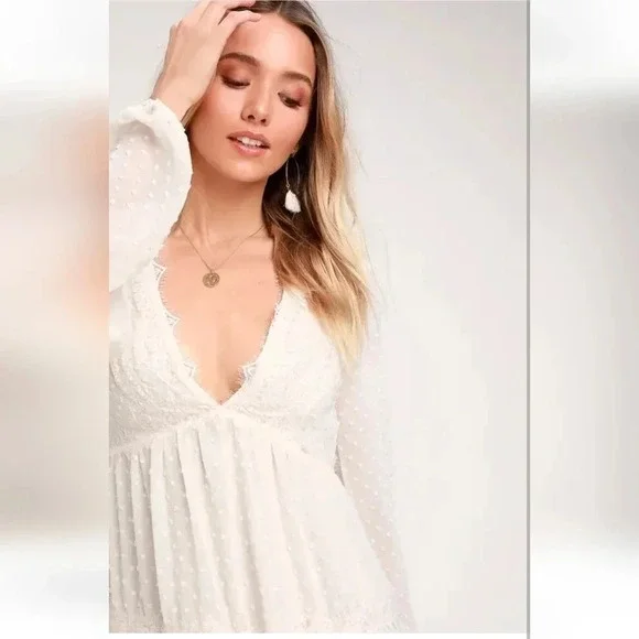 Lulu's Wistful Moment White Swiss Dot Long Sleeve Dress - Picture 3 of 8